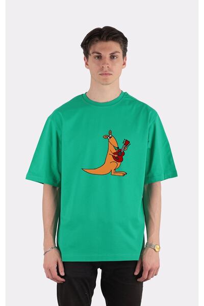 GreenMint تي شيرت أخضر كبير الحجم برقبة دائرية رائع ومضحك كانجارو يلعب جيتار ...