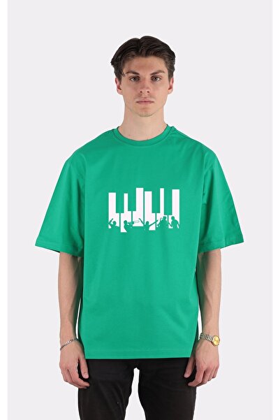 GreenMint تي شيرت أخضر كبير الحجم برقبة دائرية لموسيقى الجاز على مفاتيح البيا...