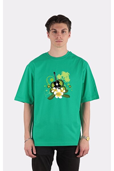 GreenMint تي شيرت أخضر كبير الحجم برقبة دائرية جيتار مع زهور بلوميريا_em1642