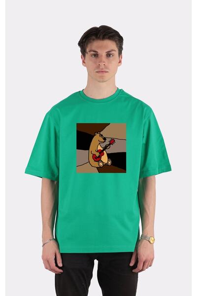 GreenMint تي شيرت أخضر كبير الحجم برقبة دائرية، دب بني مضحك رائع يلعب جيتارًا...