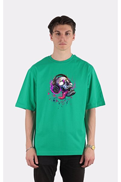 GreenMint تي شيرت أخضر كبير الحجم برقبة دائرية، مضحك انطباع جمجمة الحب الموسي...