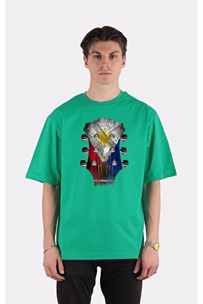 GreenMint تي شيرت أخضر كبير الحجم برقبة دائرية ورأس جيتار فيليبس_em1534