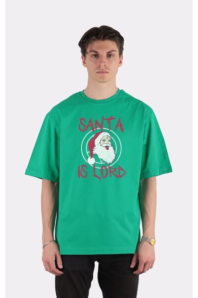 GreenMint تي شيرت أخضر كبير الحجم برقبة دائرية سانتا إيس لورد - تصميم موسيقى ...