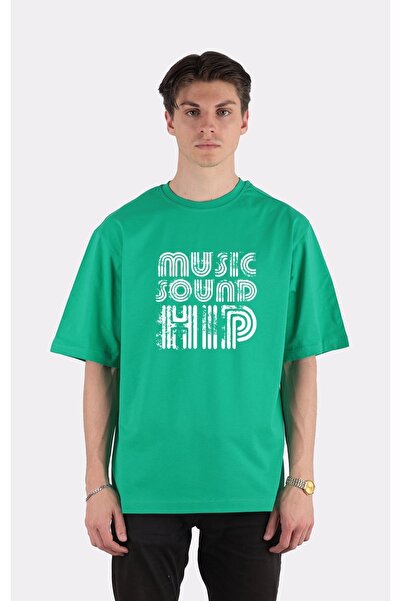 GreenMint تي شيرت أخضر كبير الحجم برقبة دائرية وصوت موسيقى Hip_em2189