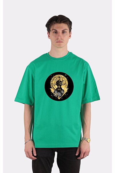 GreenMint تي شيرت أخضر كبير الحجم برقبة دائرية وشجرة جيتار بتصميم موسيقى ريتر...