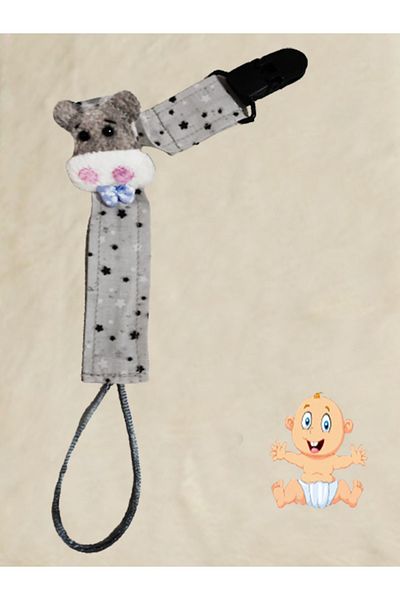 CEBECİ TİCARET Pacifier Strap Chain Set - Pacifier Holder Baby Gift Cotton Fabric 25 Cm Gray Hippopotamus Model