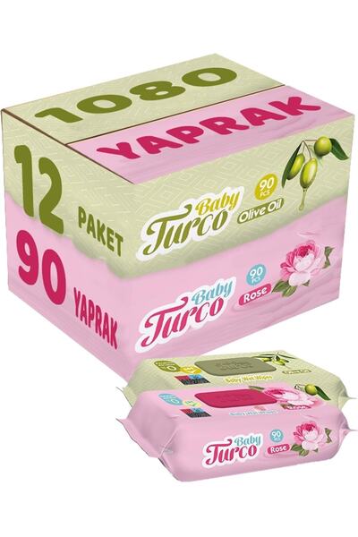 Baby Turco Islak Havlu Mendil 90 Yaprak Karma 12 Li Set (gül/zeytinyağı) 1080...
