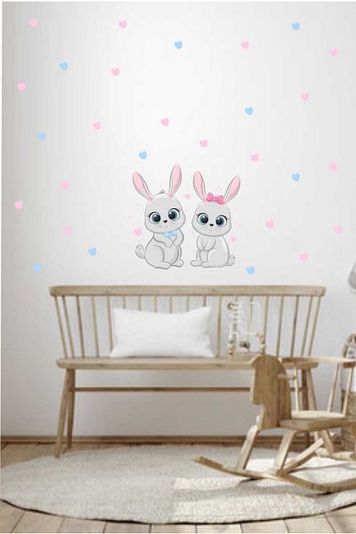 efekt reklam Cute Rabbit Friends with Heart Παιδικό Δωμάτιο μωρού Αυτοκόλλητο Αξεσουάρ ταπετσαρίας Στολίδι