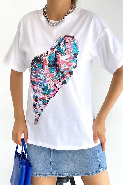 FEMELLE Tricou din bumbac cu paiete brodat cu paiete și gât turnat pentru femei