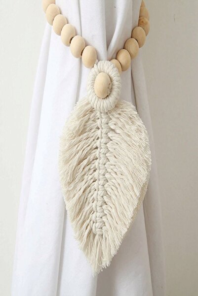 Emtory Home 2 Adet Ekru Curtain Leaf Ahşap Boncuklu Perde Süsü