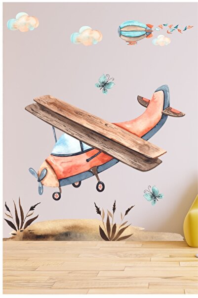 efekt reklam Gökyüzünde Uçak Ve Balonla Gezinti Çocuk Bebek Odası Duvar Kağıd...