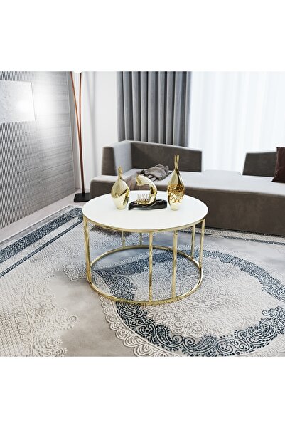 KASGER Beyaz Cam Gold Metal Orta Sehpa