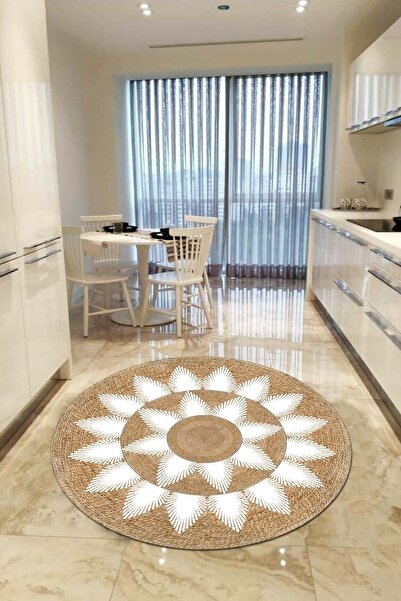 Viva Home Leke Kir Tutmaz Kaymaz Taban Hasır Görünümlü Yıkanabilen Yuvarlak M...