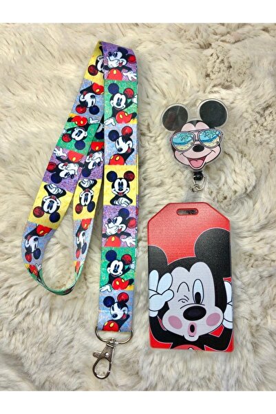 Hediyebum Set de frânghie pentru gât cu tematică Mickey Mouse și suport pentr...