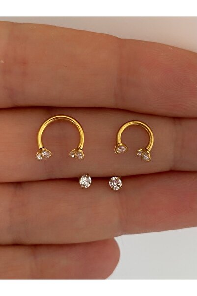 Arescollection Cerrahi Çelik Iki Ucu Taşlı Yarım Halka 2 Li Piercing Küpe Set