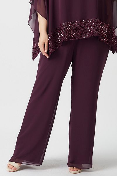 Moda Alba Plum Chiffon Lined Large Size Trousers with Wide Leg and Elastic Waist