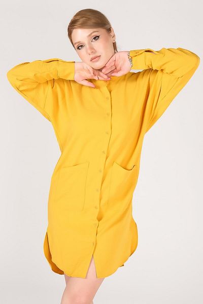 Giyim Dünyası Women's Ayrobin Fabric Stand Collar Double Pocket Tunic Shirt Mustard