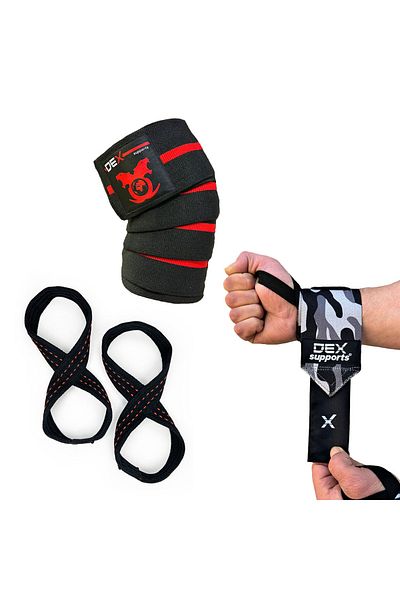 Dex Supports Lasting Energy Knee Wraps + Dark Tone Camouflage Wrist Wraps + 8 Loop Lifting Straps Set of 3