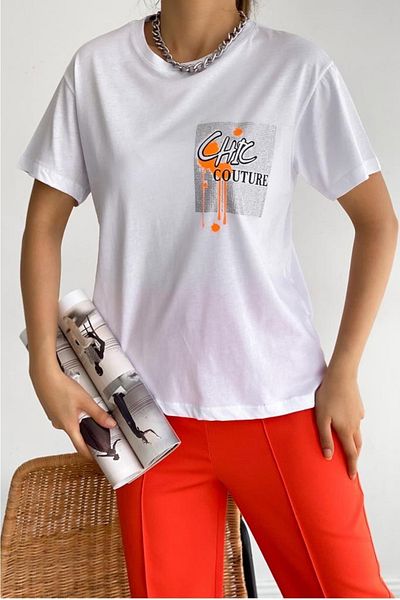 FEMELLE Tricou din bumbac cu decolteu crew chic Couture scris pentru damă