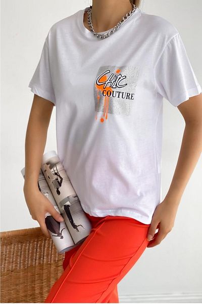 FEMELLE Tricou din bumbac cu decolteu crew chic Couture scris pentru damă