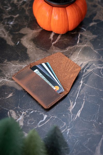 minimal X design Manual Leather Card Holder - Tan Crazy - Real Leather & Handmade - Minimalist Design