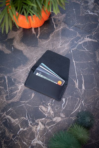 minimal X design Manual Leather Card Holder - Black Crazy - Real Leather & Handmade - Minimalist Design