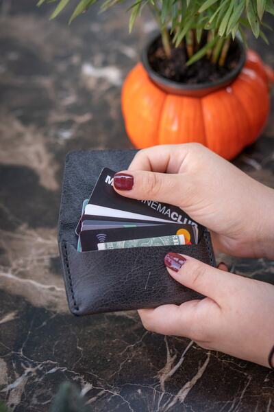 minimal X design Manual Leather Card Holder - Anthracite - Real Leather & Handmade - Minimalist Design