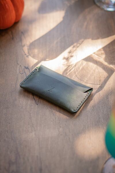 minimal X design Manual Leather Card Holder - Ocean Green - Real Leather & Handmade - Minimalist Design