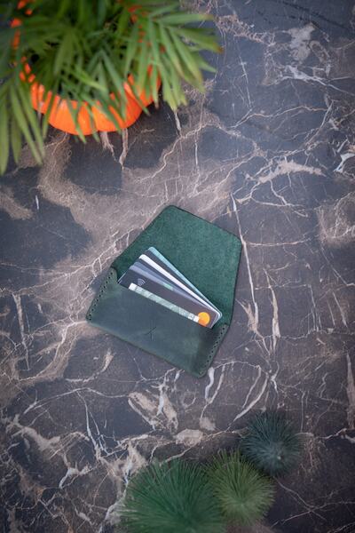 minimal X design Manual Leather Card Holder - Ocean Green - Real Leather & Handmade - Minimalist Design
