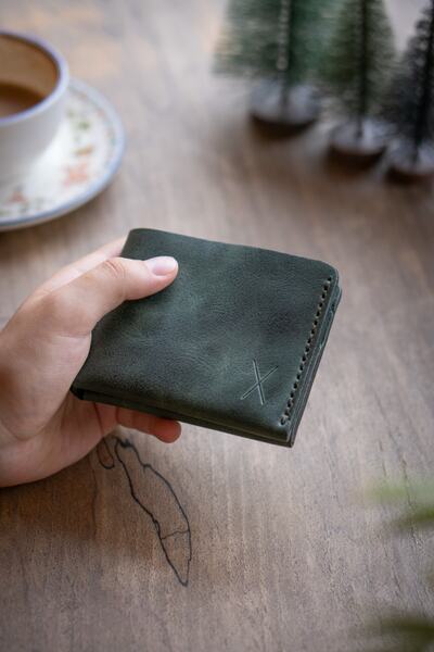 minimal X design Classic Wallet - Ocean Green - Genuine Leather & Handmade - Minimalist Design
