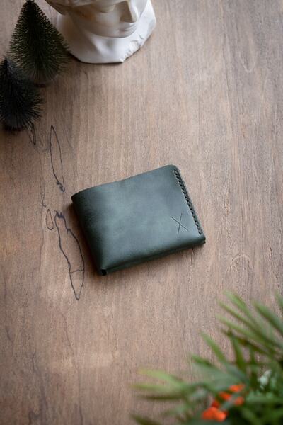 minimal X design Classic Wallet - Ocean Green - Genuine Leather & Handmade - Minimalist Design
