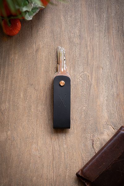 minimal X design Leather Keychain Long 2-3 Key Capacity - Black Crazy - Minimalist Design