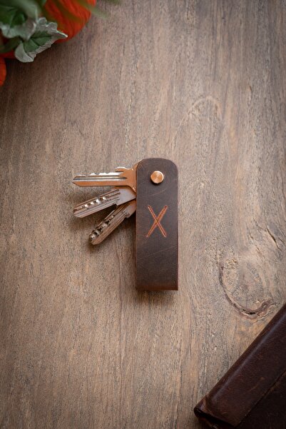 minimal X design Leather Keychain Long 2-3 Key Capacity - Tan Crazy - Minimalist Design