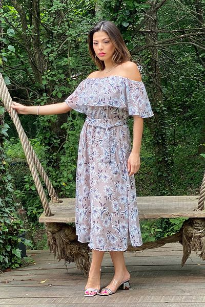 Neşeli Butik Γυναικείο Μπεζ φόρεμα σιφόν με λουλουδάτο σχέδιο Madonna
