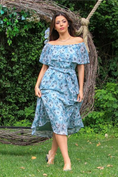 Neşeli Butik Rochie din șifon de lungime midi, cu guler Carmen, mentă, Nb10037
