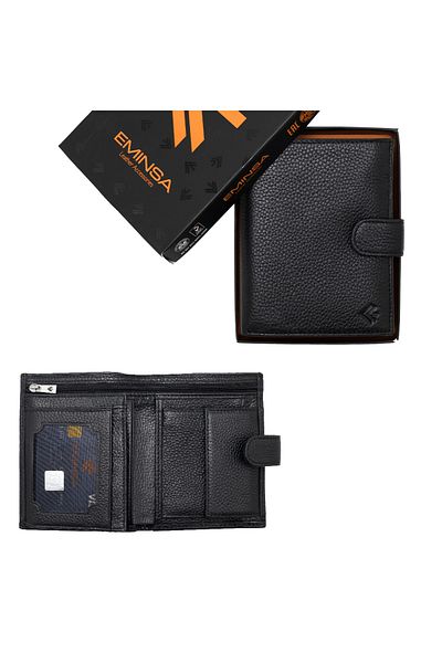 Eminsa Black Vertical Model Leather Men's Wallet with Snap Fasteners