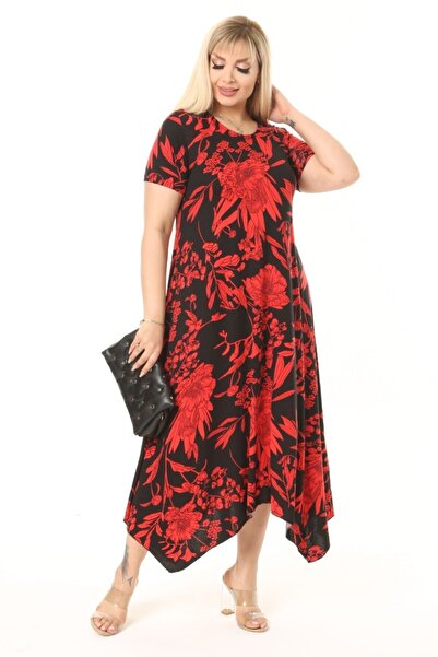 Kuiye Women's Plus Size Patterned Short Sleeve Asymmetric Skirt Dress