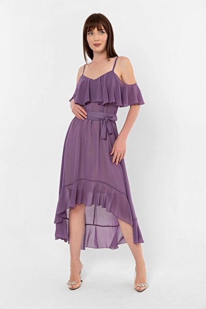 Laranor Λιλά Ασύμμετρο φόρεμα σιφόν με ρυθμιζόμενο λαιμόκοψη και βολάν στη φούστα