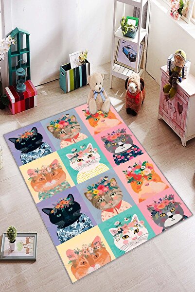 Viva Home Kaymaz Tabanlı Leke Tutmaz Yıkanabilir Kedili Mutfak Halısı Ar1132