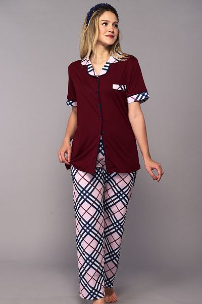 Emose Front Buttoned Maternity Maternity Pajama Set Claret Red