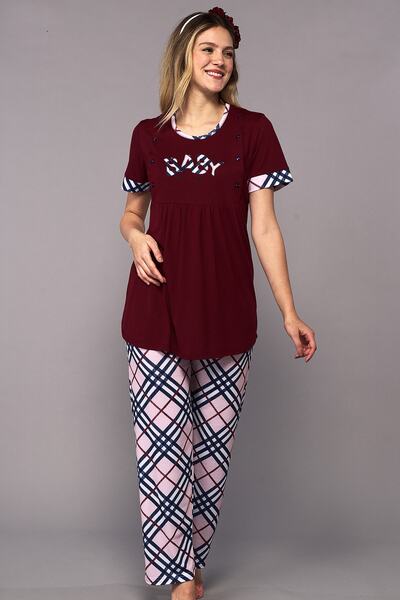 Emose Düğmeli Lohusa Hamile Pijama Takım Bordo