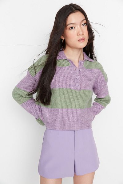 Trendyol Collection Плетен пуловер с яка и люляк