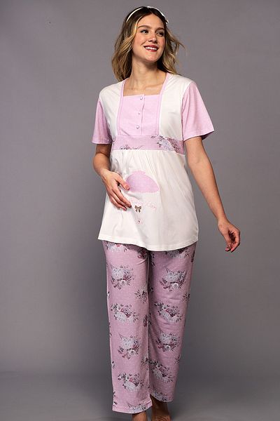 Flora Maternity Women's Pajamas Set with Maternity Dressing Gown Pink