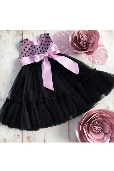 Mislina Girl's Pink Ribbon Belt Black Designer Dress