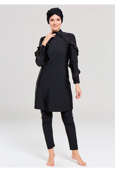 Adasea Ruffle Design Lycra Full Covered Hijab Swimsuit 4104 Black