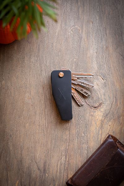 minimal X design Leather Keychain V 3-4 Key Capacity - Black Crazy - Minimalist Design