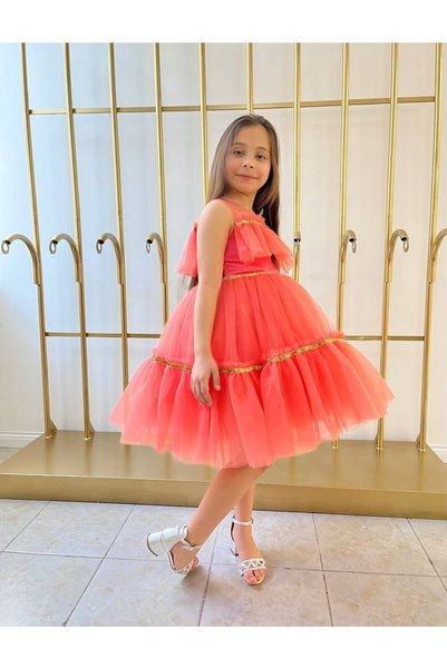 shopland Evening Dress Skirt Tutu Detailed Glitter Stripe Tasseled Children's Birthday Ceremony Dress