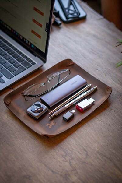 minimal X design Leather Tray (large) Desktop Organizer Tan Crazy - Real Leather & Handmade - Minimalist Design