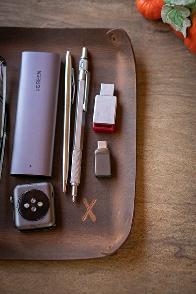 minimal X design Leather Tray (large) Desktop Organizer Tan Crazy - Real Leather & Handmade - Minimalist Design