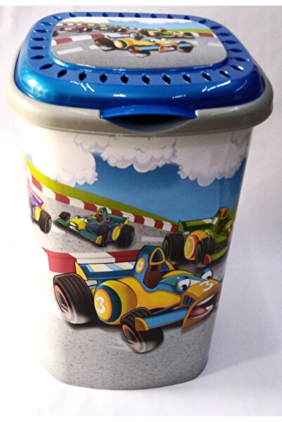 abnturk Mavi Yarış Araba Desenli 50 Litre Kapaklı Çamaşır Oyuncak Sepeti Büyük Boy Plastik Gövde Sağlam Kutu